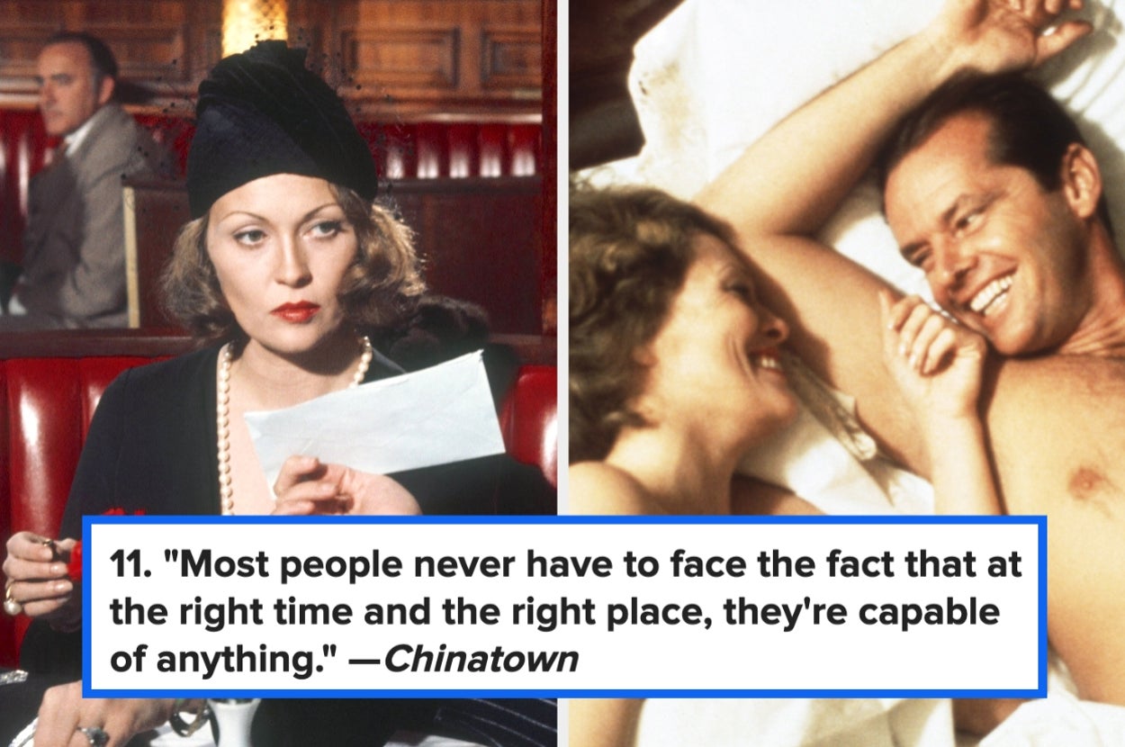Split image: left shows a woman at a restaurant holding a menu; right shows a man and woman in bed smiling. Text quotes "Chinatown": people capable of anything