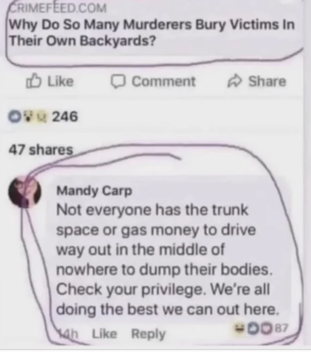 Screenshot of a societal  media station  with a header  asking astir  murderers burying victims successful  backyards, followed by a satirical comment