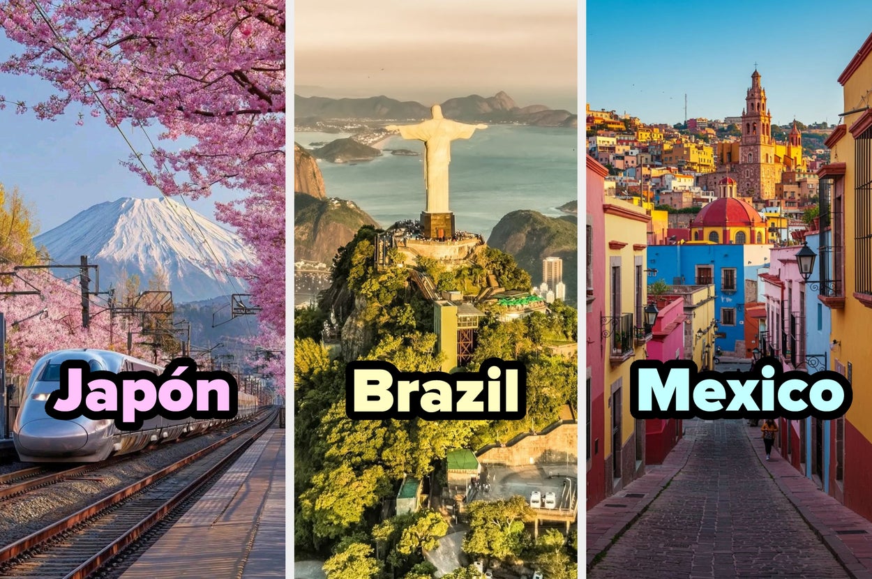 Montaje de Japón con tren bala y sakura, Brasil con la estatua de Cristo Redentor, y México con calle colorida en Guanajuato