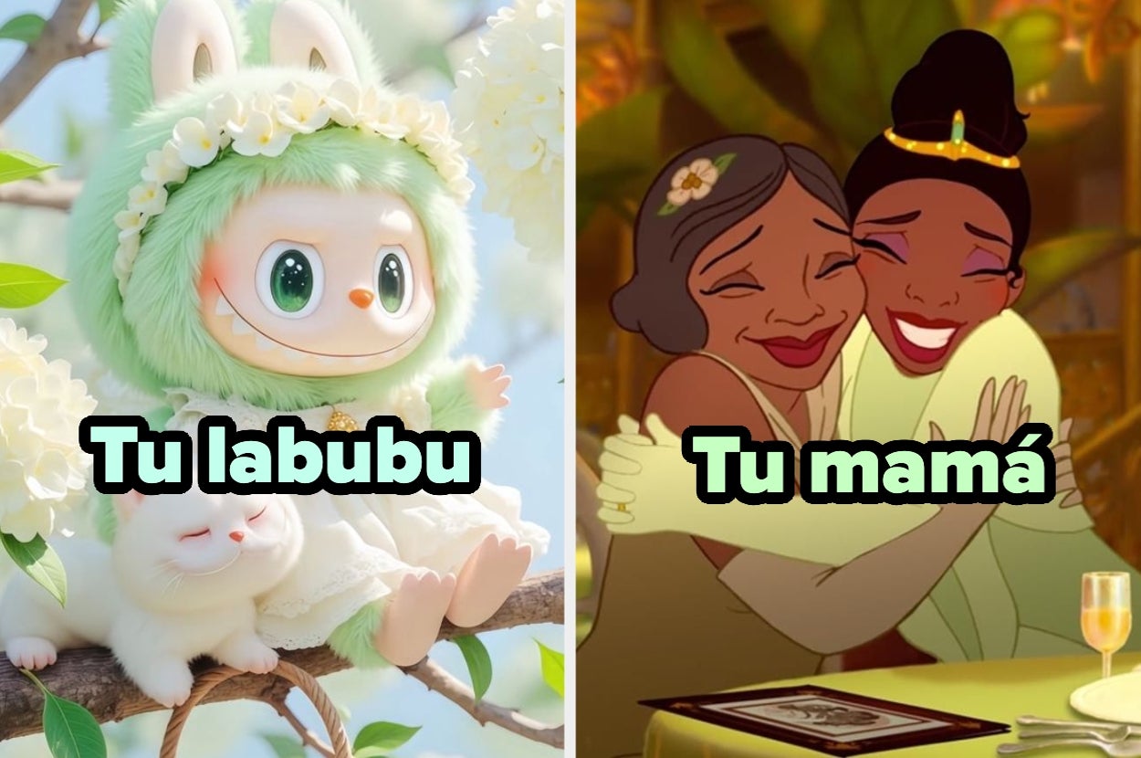 A la izquierda, figura de juguete con orejas de conejo y sonrisa. A la derecha, dos personajes animados abrazados y sonriendo. Textos comparan figuras