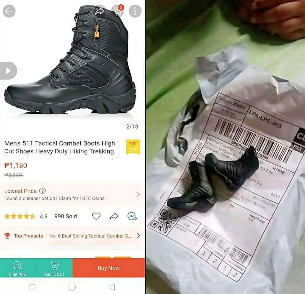Image shows online store photo of black tactical boots next to a miniature version received in packaging