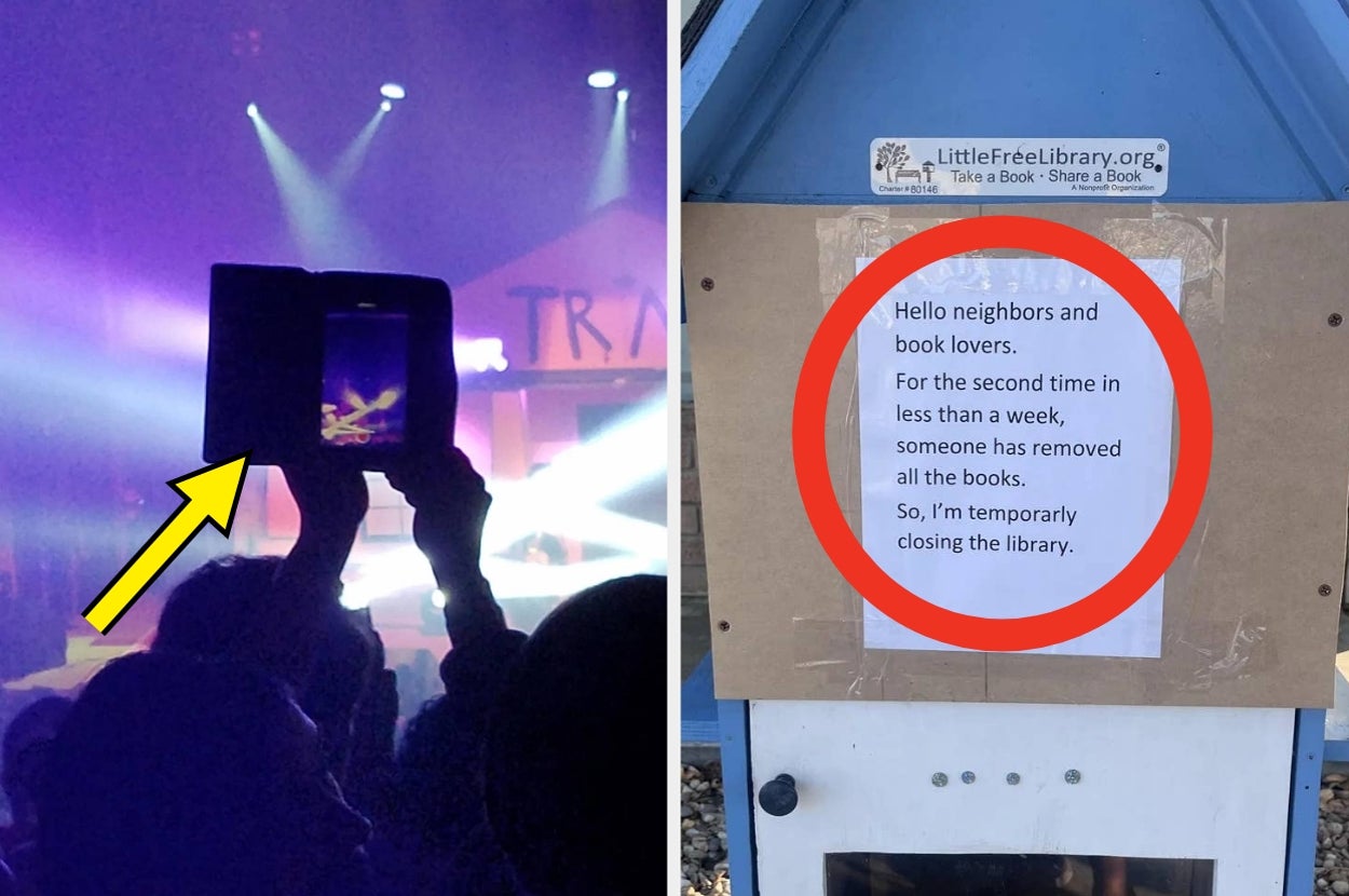 Left: Person holds a tablet up at a concert, blocking people's view. Right: Sign on a Little Free Library says it's closed due to someone taking all the books — again
