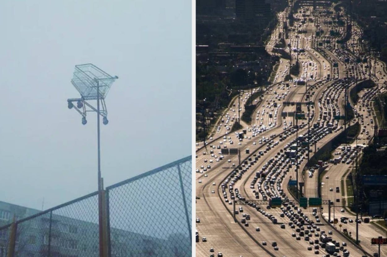 Left: Shopping cart on a tall pole above a fence. Right: Aerial view of a busy multi-lane highway with heavy traffic