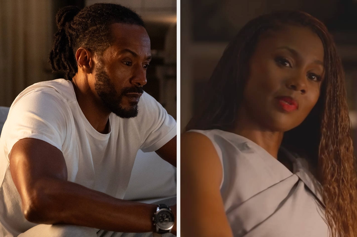 Split image of McKinley Freeman wearing a white t-shirt and Emayatzy Corinealdi in a gray top in scenes from "Reasonable Doubt."