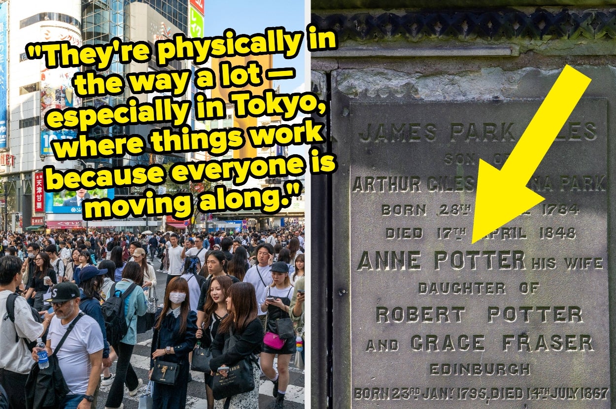 A crowded Tokyo street scene and a close-up of a historical plaque about James Park Fles, highlighting urban hustle and historical reflection