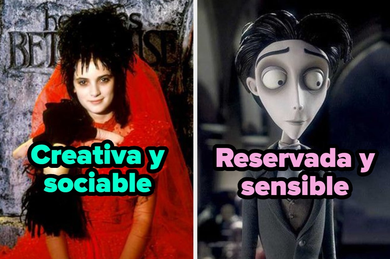 Persona vestida de manera creativa con estilo gótico junto a un personaje animado elegante y sombrío; texto: "Creativa y sociable" y "Reservada y sensible"