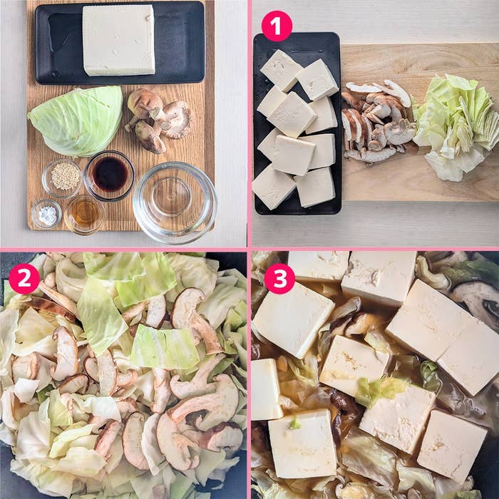 調理手順: 豆腐、キャベツ、しいたけをカットし、鍋で煮るステップを説明。