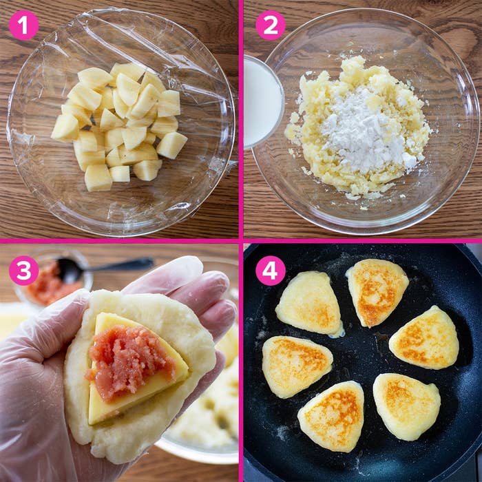 4ステップの料理手順: 1. 角切りのジャガイモ、2. 潰して片栗粉を混ぜる、3. フィリングを包む、4. フライパンで焼く。