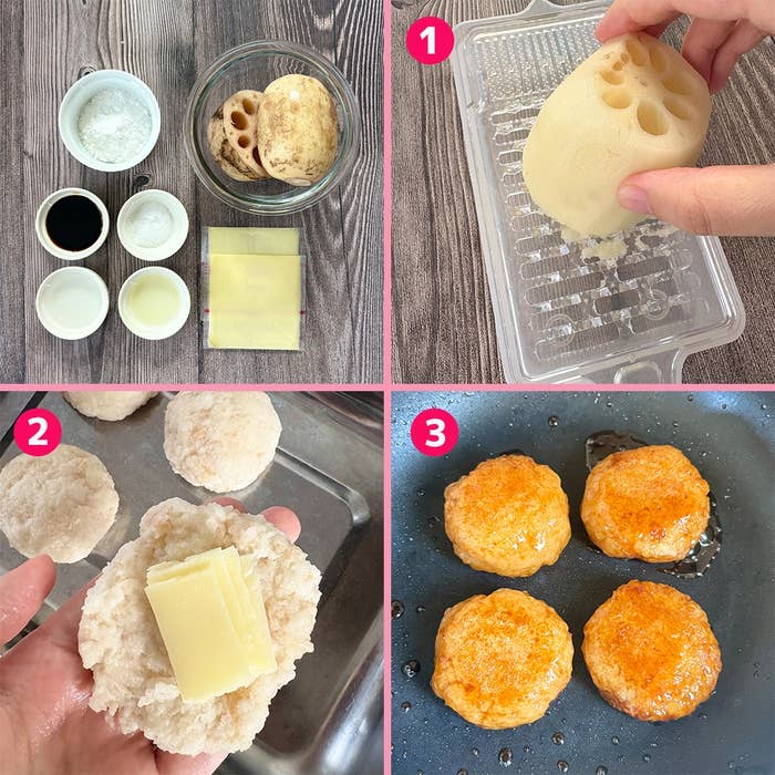 れんこんで作るチーズ入りのれんこんもちを3ステップで準備。調味料、具材配置、焼き上がった様子が示されています。