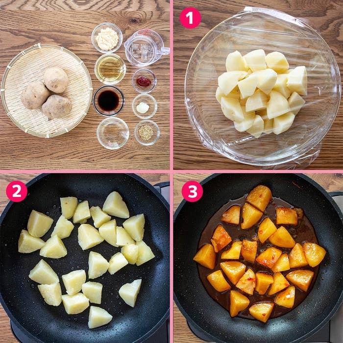 じゃがいもを使った甘辛炒めの調理手順を示す画像。調味料の準備、茹でたじゃがいもの炒め、ソース絡め。
