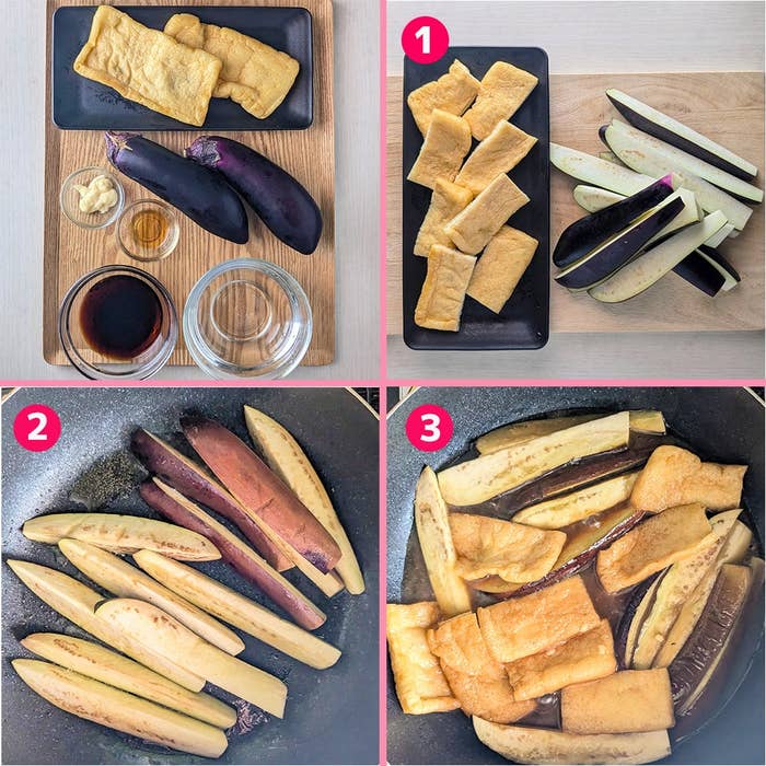 料理手順:1. 材料を準備。2. なすを炒める。3. 油揚げと茄子を煮込む。