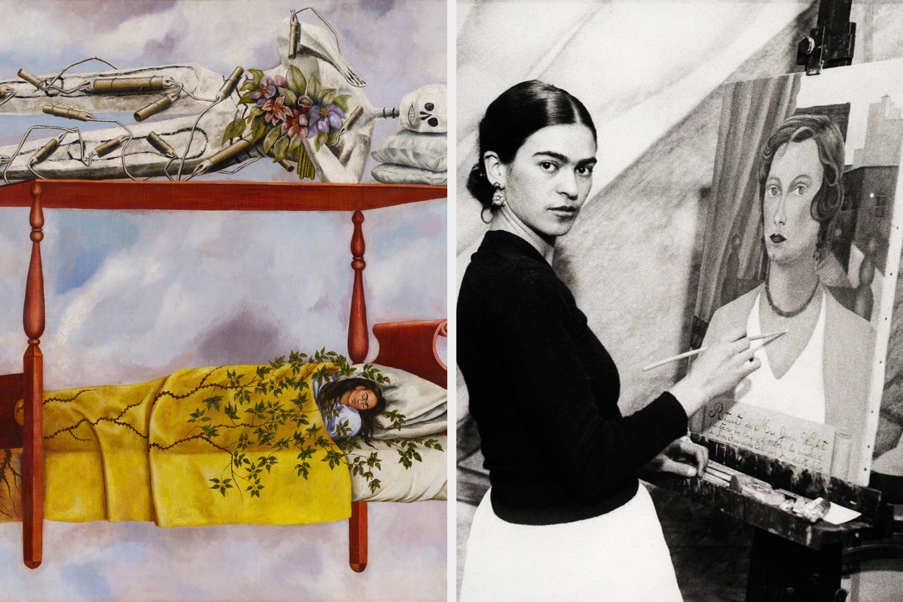 Frida Kahlo painting with text: "Frida’s back in the spotlight" and spotlight emoji, showing a dream-like scene with skeleton and sleeping figure