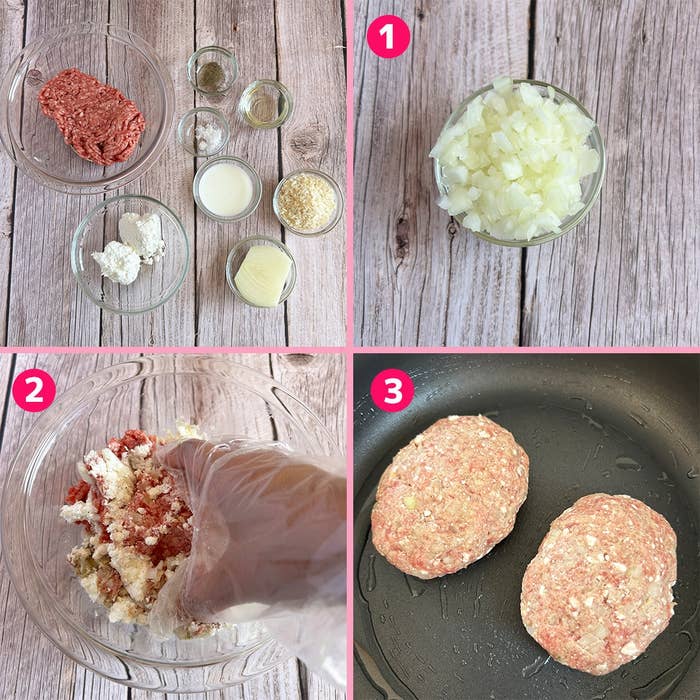 ハンバーグの作り方: 1. 玉ねぎを刻む。2. 食材を混ぜる。3. フライパンで焼く。
