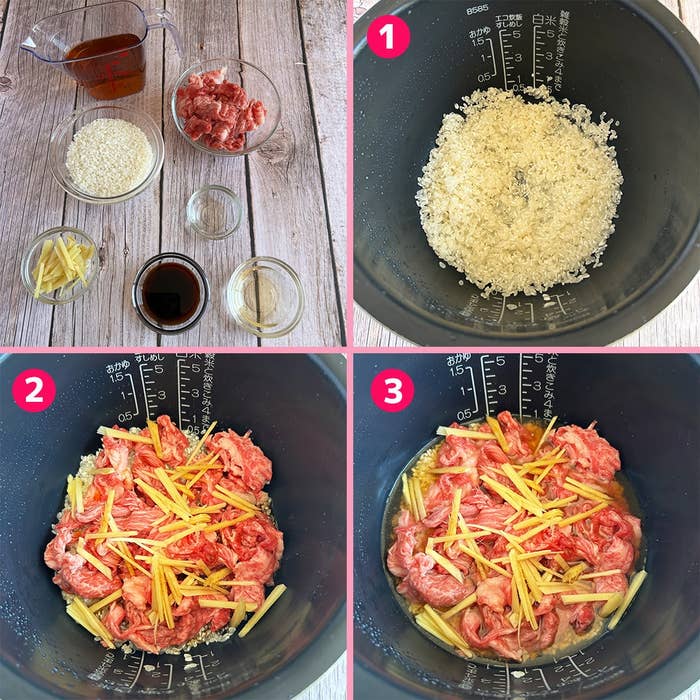 炊飯器を使った炊き込みご飯の手順。肉、しょうが、調味料と米を炊飯器に入れ、調理手順が番号付きで示されている。