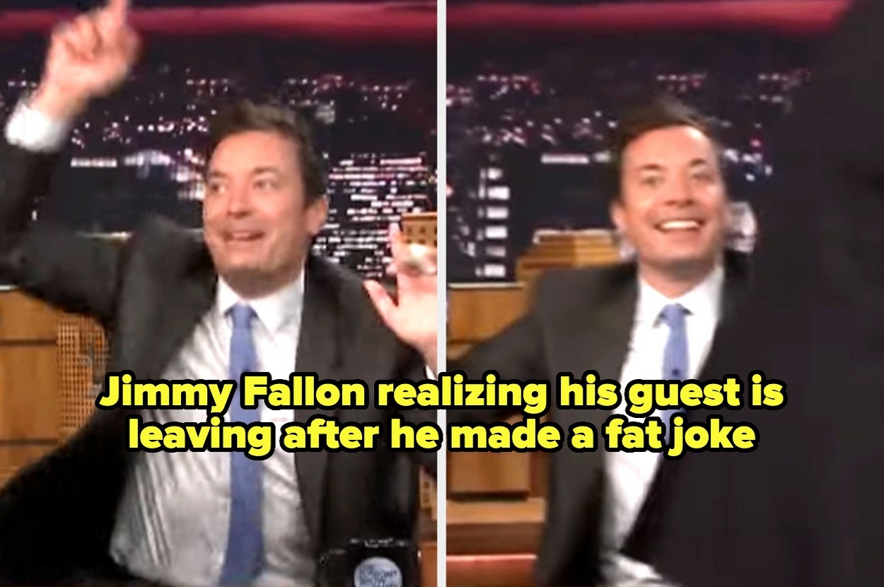 Jimmy Fallon realizing his guest is leaving after he made a fat joke