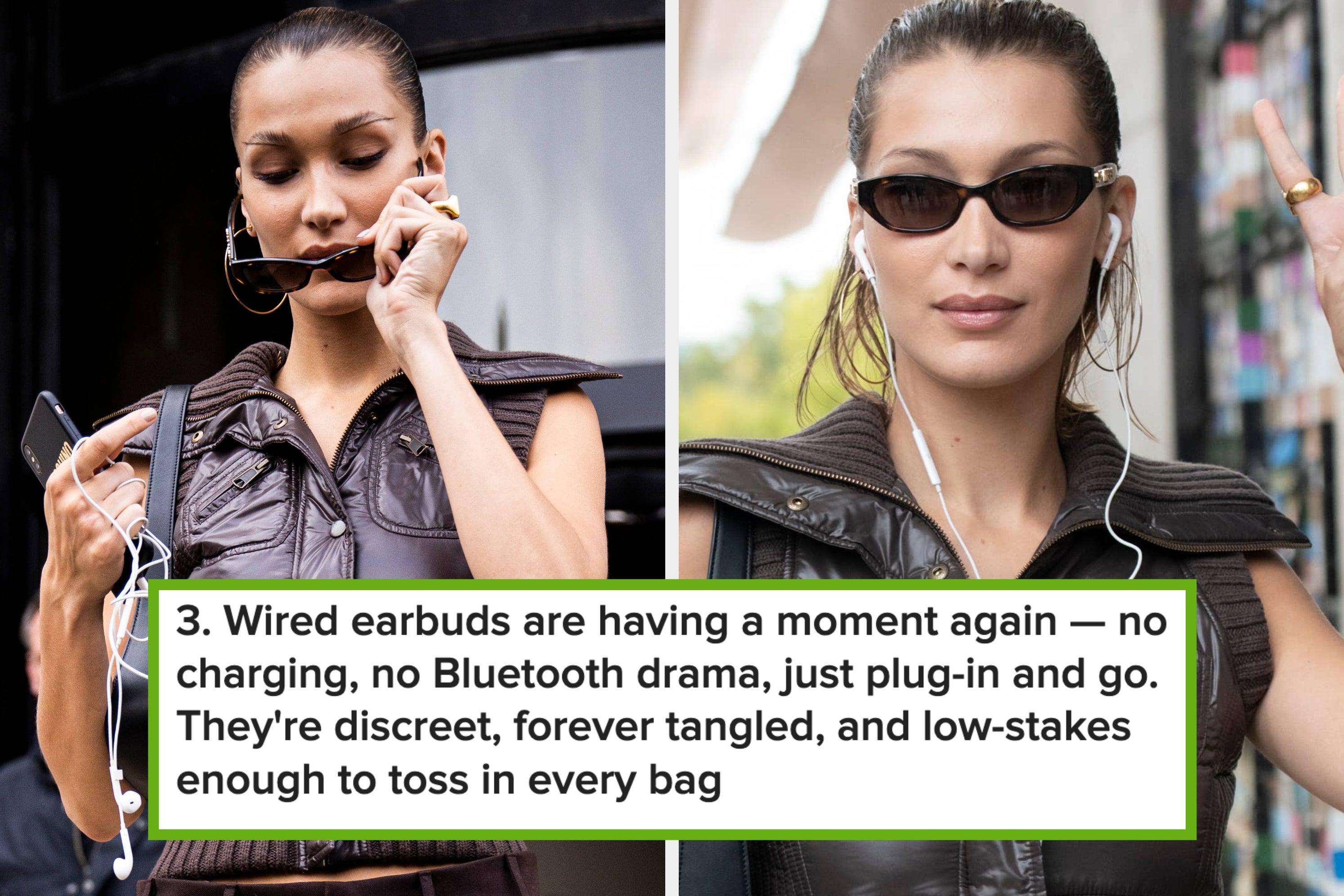 Person in stylish sleeveless top and sunglasses, holding a phone and earphones, walking outside
