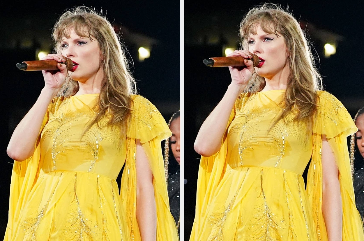 Singer in an embellished, flowing gown performs passionately on stage, holding a microphone