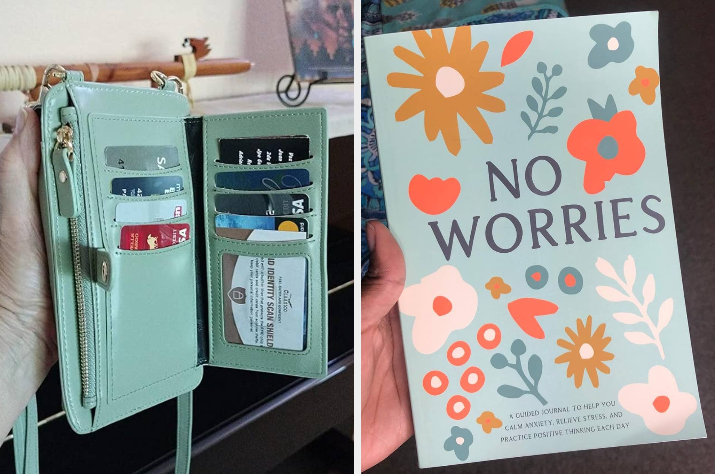 Hand holds a mint phone holder and wallet and another reviewer holds a "No Worries" self reflective journal