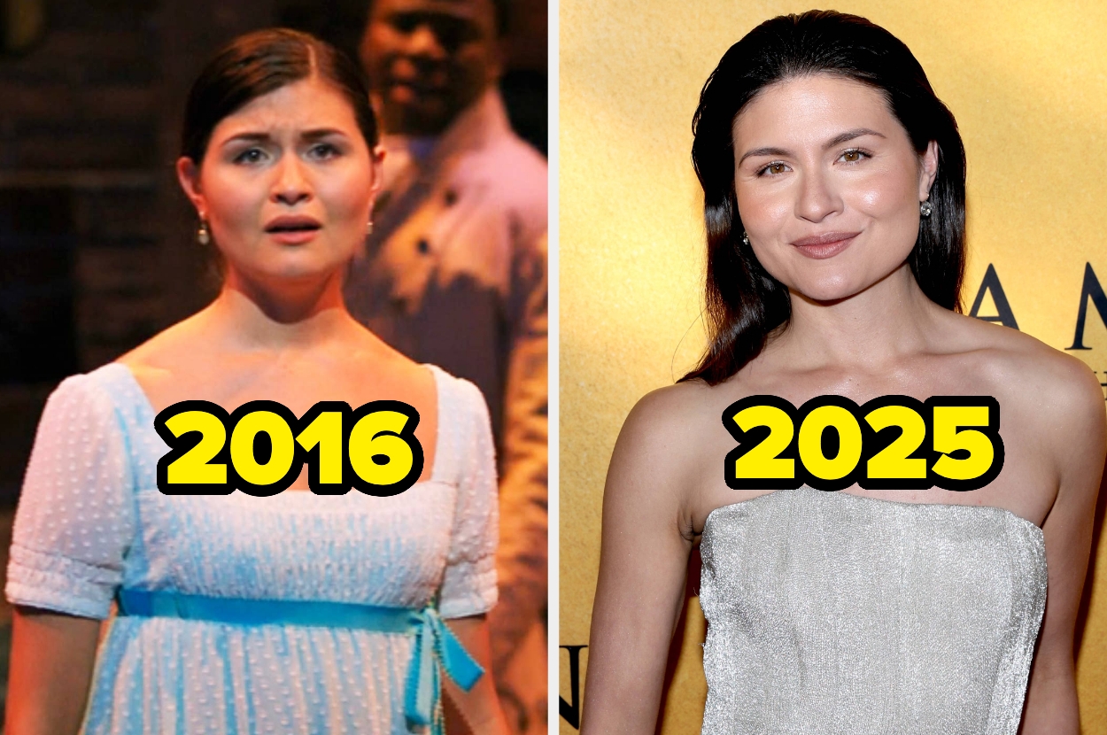 Phillipa Soo as Eliza in Hamilton in 2016 vs. on a red carpet in 2025