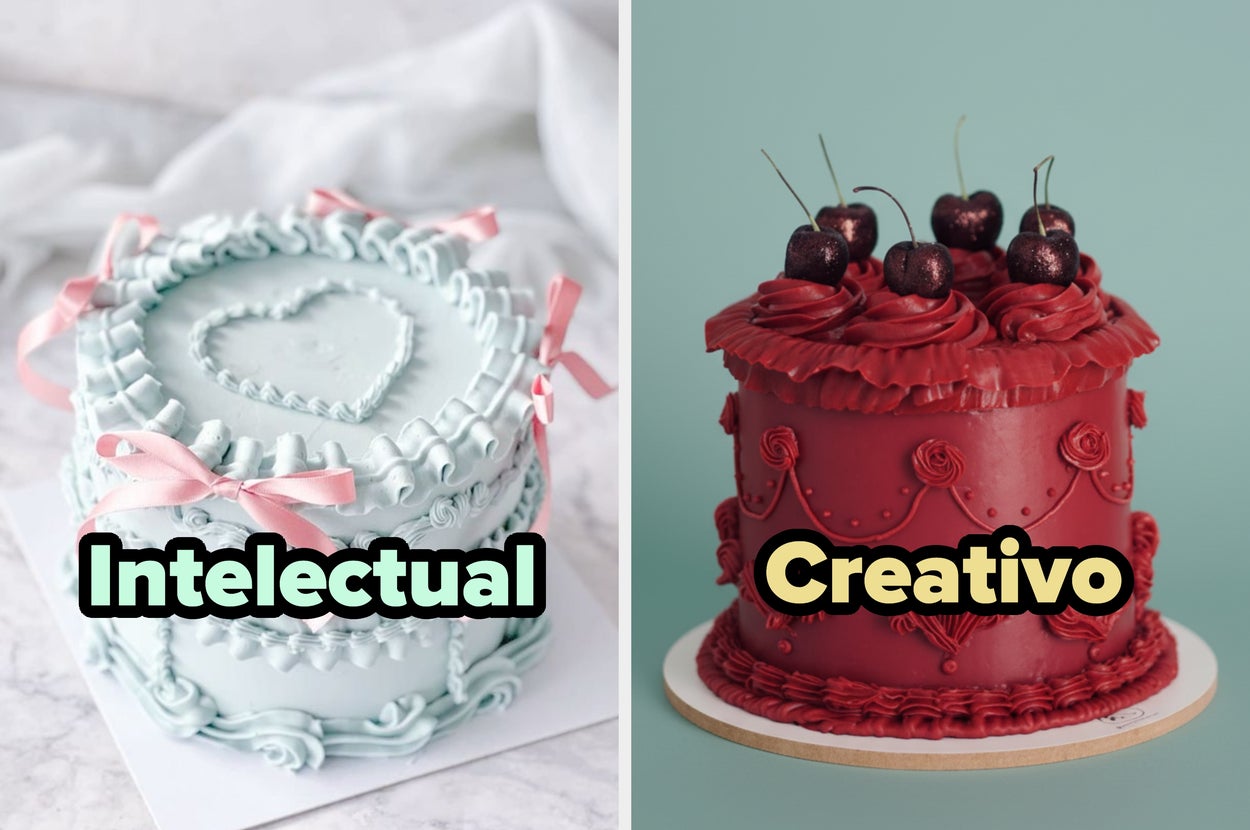 Two ornate cakes with text: "Intelectual" on a heart-decorated cake with ribbons, and "Creativo" on a cake with cherries and swirls
