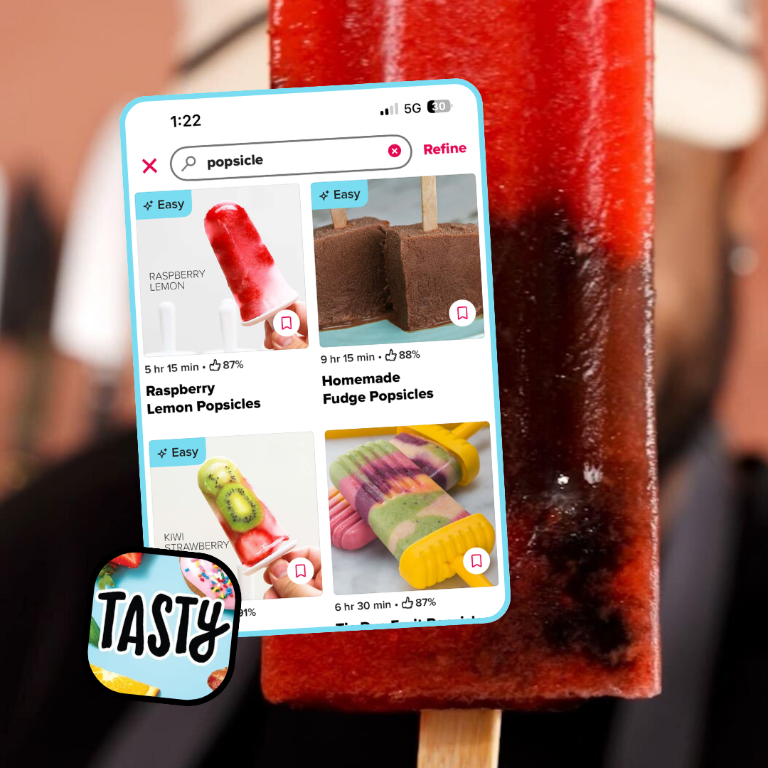 Smartphone screen with search results for popsicle recipes, featuring raspberry lemon, fudge, and kiwi popsicles. A real popsicle in the background