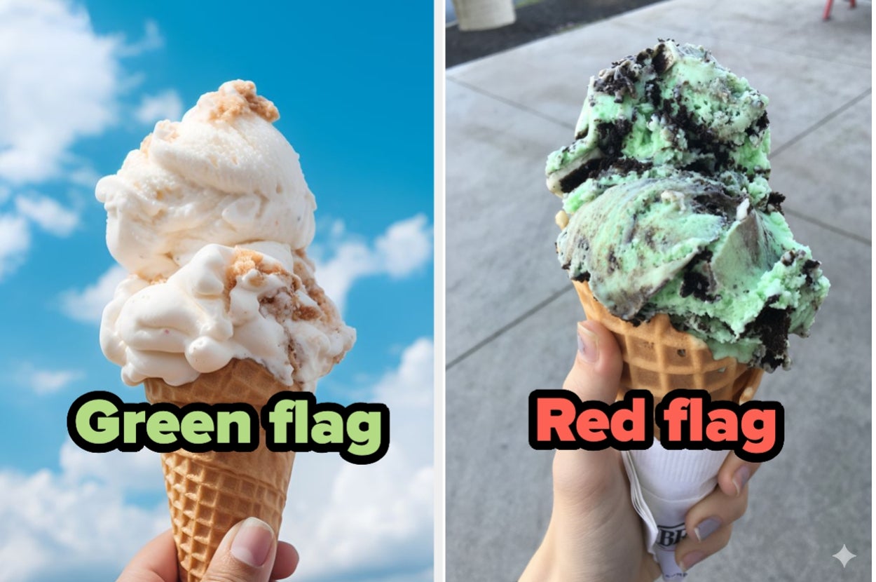 Two ice cream cones: one with caramel swirl says "Green flag," the other with mint chocolate says "Red flag."
