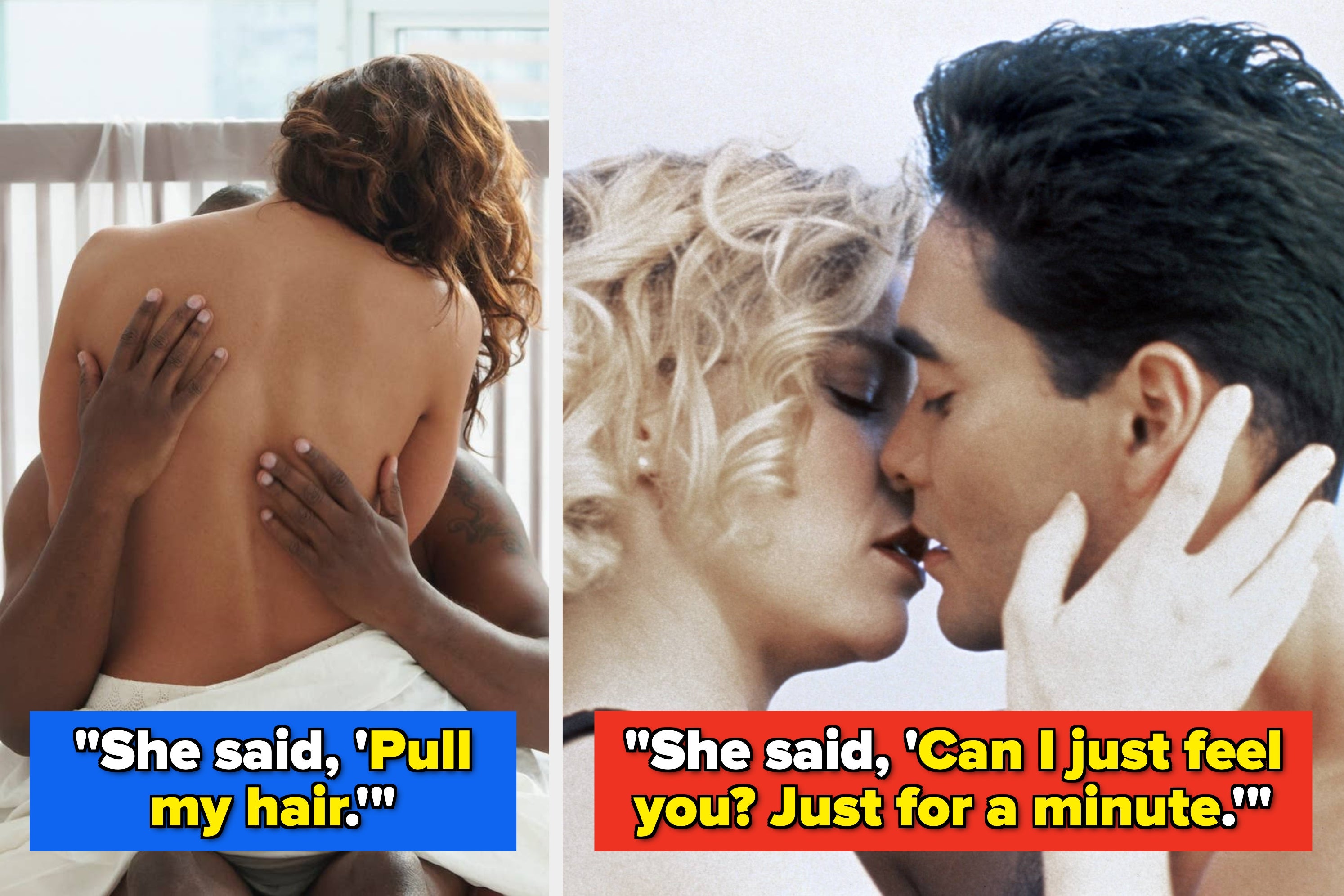 Two intimate moments: a woman with a partner, facing away, and a couple about to kiss, each with captions about romantic dialogue
