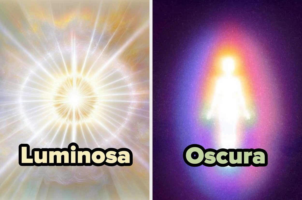 Abstract representations: "Luminosa" is bright and radiant; "Oscura" shows a human silhouette with a colorful aura