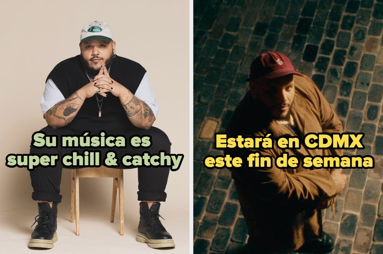 Split image: Left side shows a person sitting, dressed casually. Right side reads "Estará en CDMX este fin de semana" in front of a person in a coat