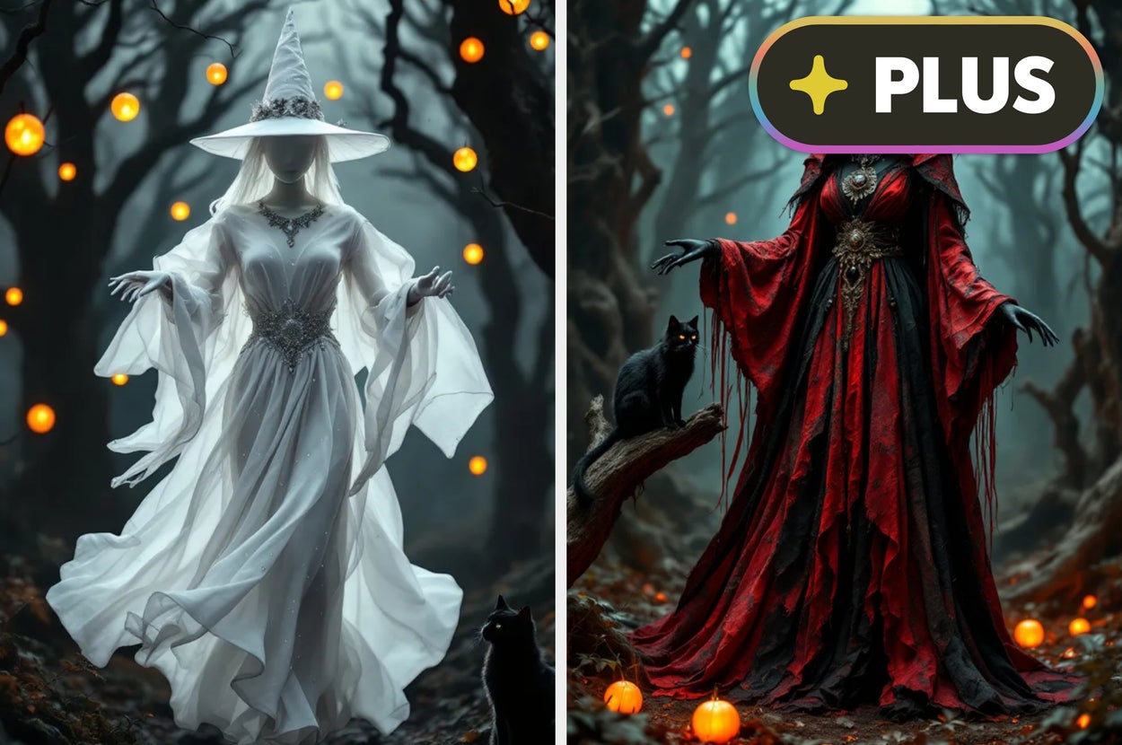 Two mysterious figures in flowing witch costumes, one in white and one in red, stand in a forest with glowing orbs. Each has a black cat