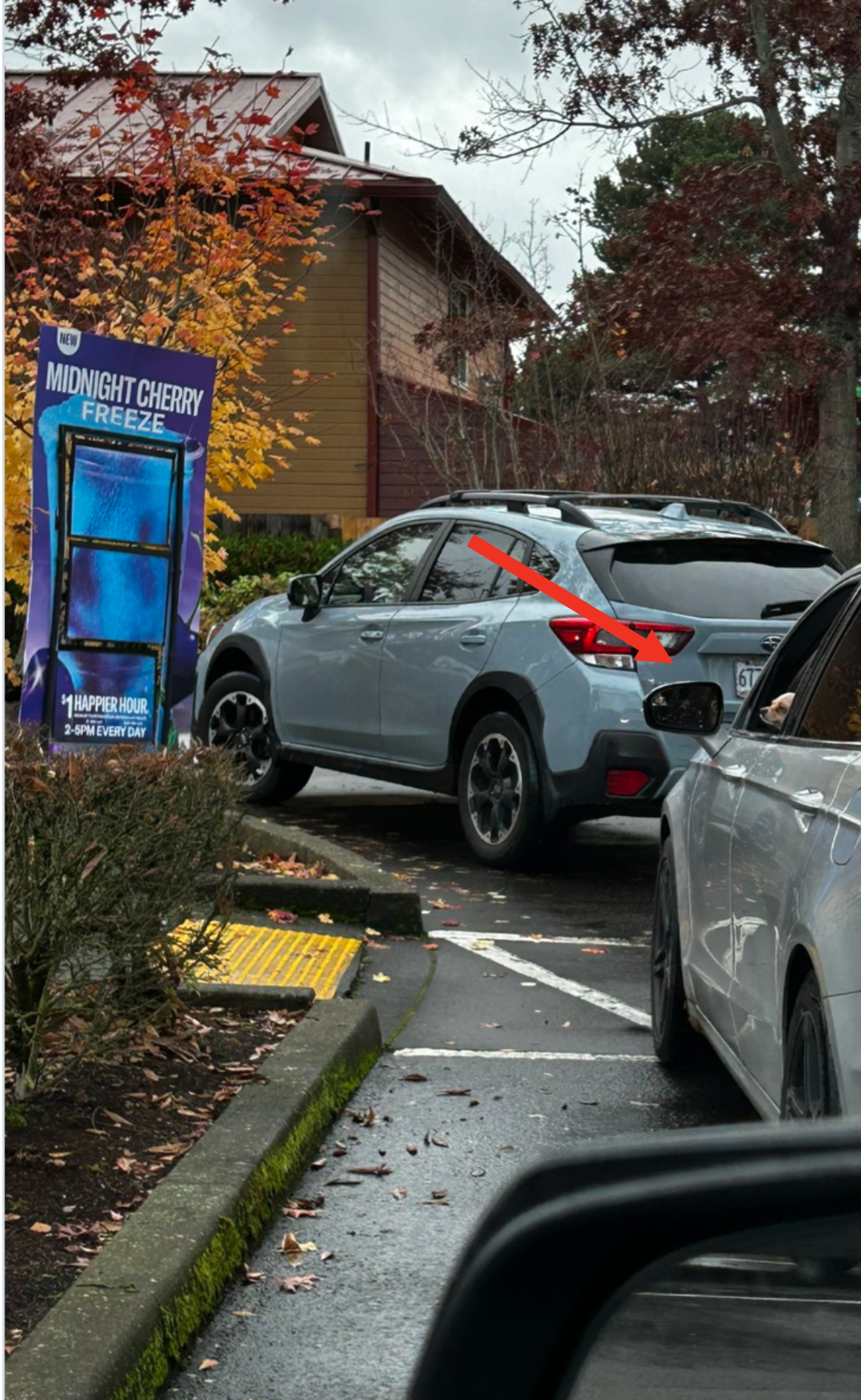SUVs successful  a drive-thru enactment     adjacent  to a motion   advertizing  a "Midnight Cherry Freeze". Trees with autumn  leaves are disposable   successful  the background