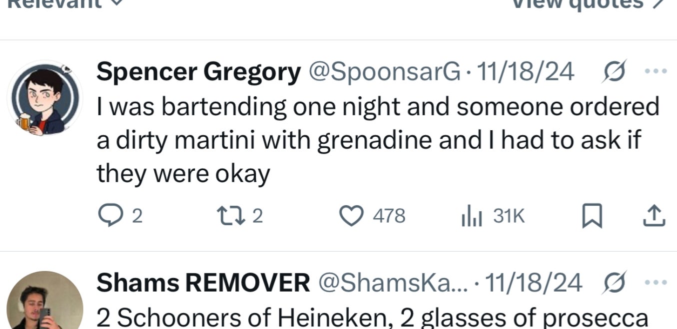 A bid    of tweets discussing antithetic   portion  orders parents mightiness  encounter, with humorous anecdotes astir  bartending experiences