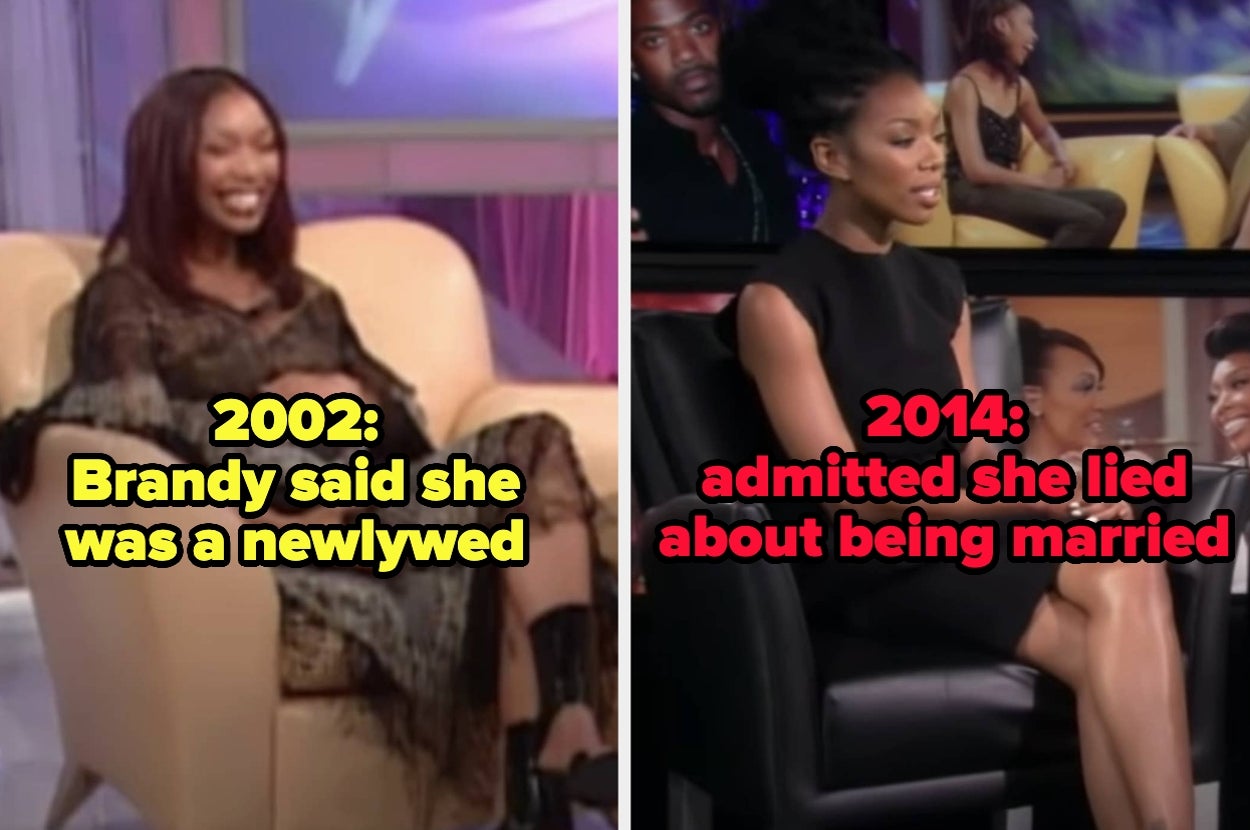Split image showing Brandy on talk shows. Left: 2002 claim of being newlywed. Right: 2014 admission of lying about marriage