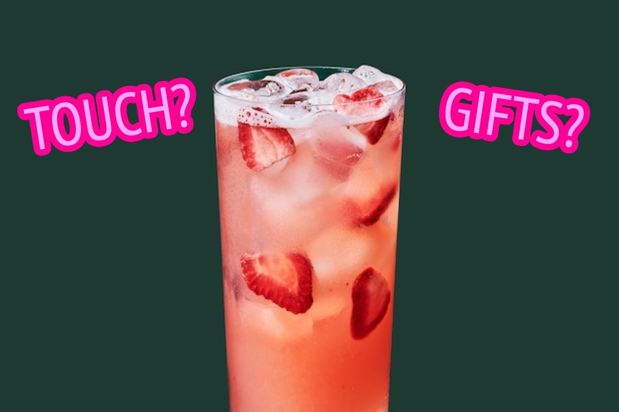 A tall glass of iced strawberry drink with text "Touch? Gifts?" in bold pink letters