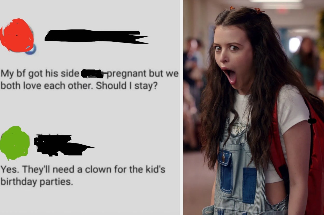 Screenshot with text exchange: One person asks if they should stay with a partner who got someone else pregnant. Response suggests they'll be a clown for parties