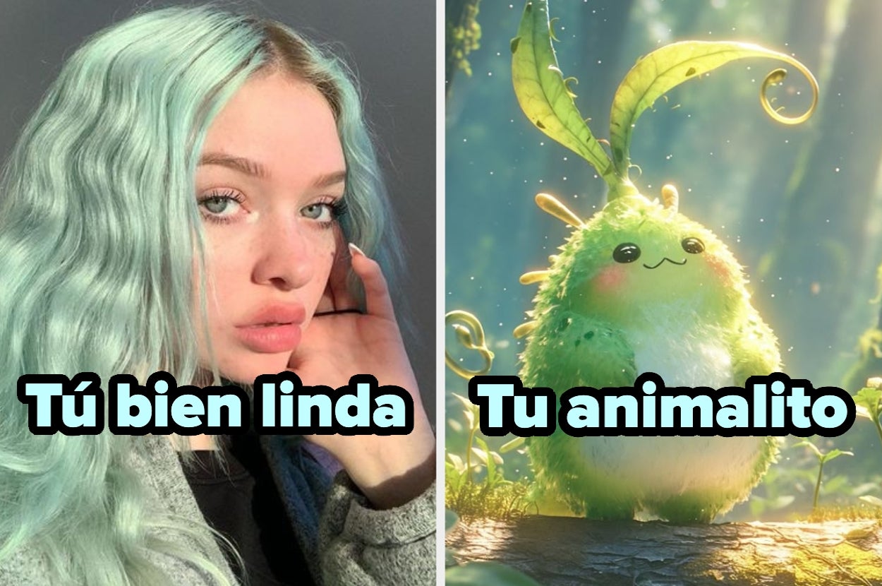 Persona con cabello largo y rizado junto a ilustración de criatura peluda con hojas, ambos con texto humorístico en español