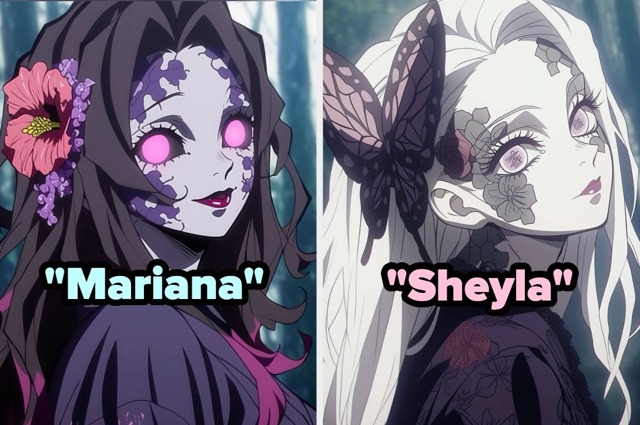 Personajes animados con flores en la cara. A la izquierda, "Mariana" con una flor grande. A la derecha, "Sheyla" con una mariposa en el cabello