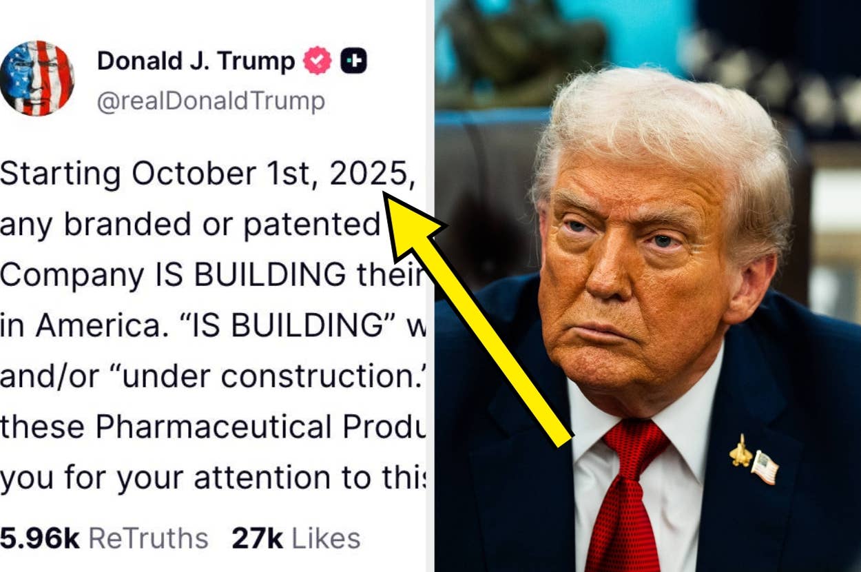 Image of a tweet by Donald J. Trump about pharmaceutical company construction in America, alongside a serious-looking man in a suit