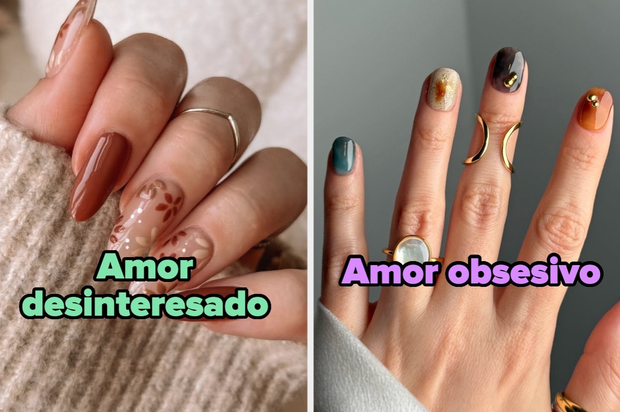 Dos fotos de uñas con diseños diferentes. La izquierda muestra un patrón floral. La derecha tiene diseños mixtos y piedras. Texto: "Amor desinteresado" y "Amor obsesivo"