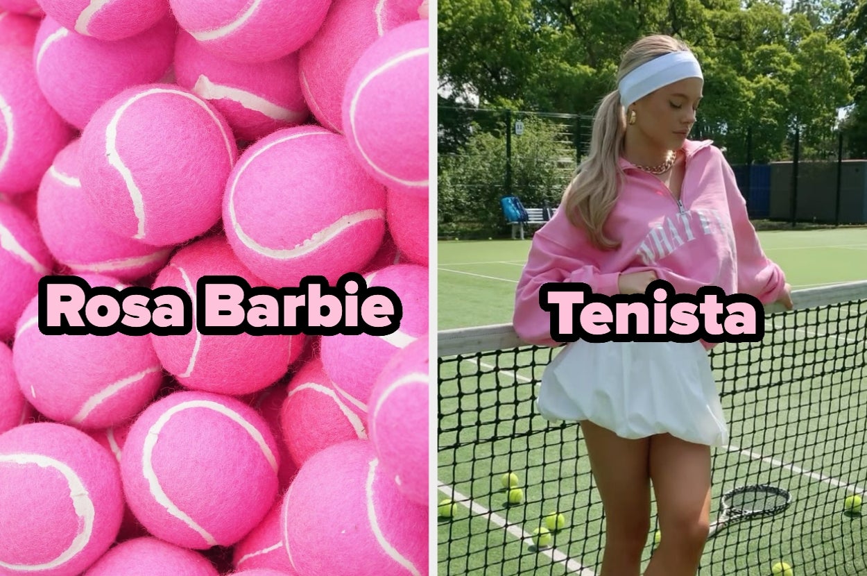 Montaje de bolas de tenis rosas a la izquierda y persona en ropa deportiva a la derecha en una cancha de tenis