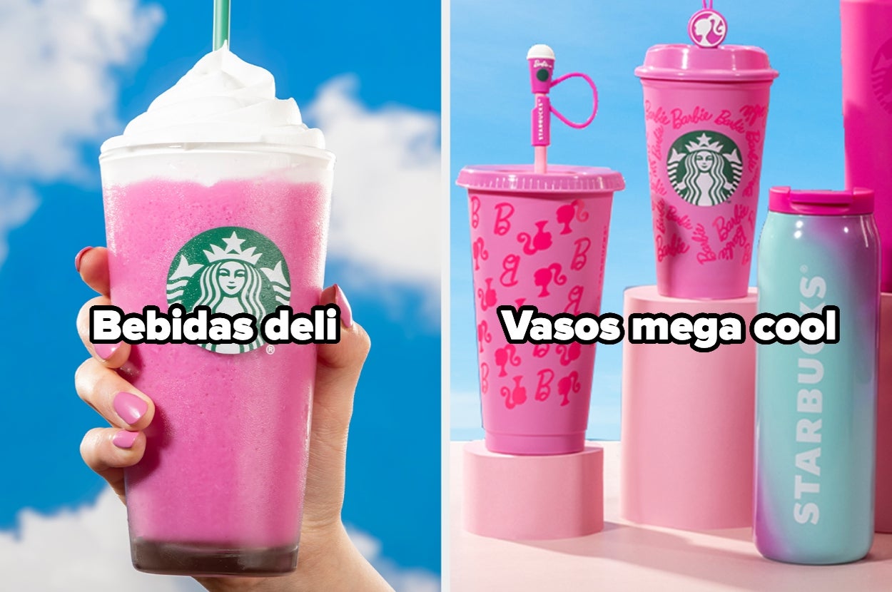 Bebida rosa de Starbucks en mano, junto a vasos y termos temáticos con texto "Bebidas deli" y "Vasos mega cool"