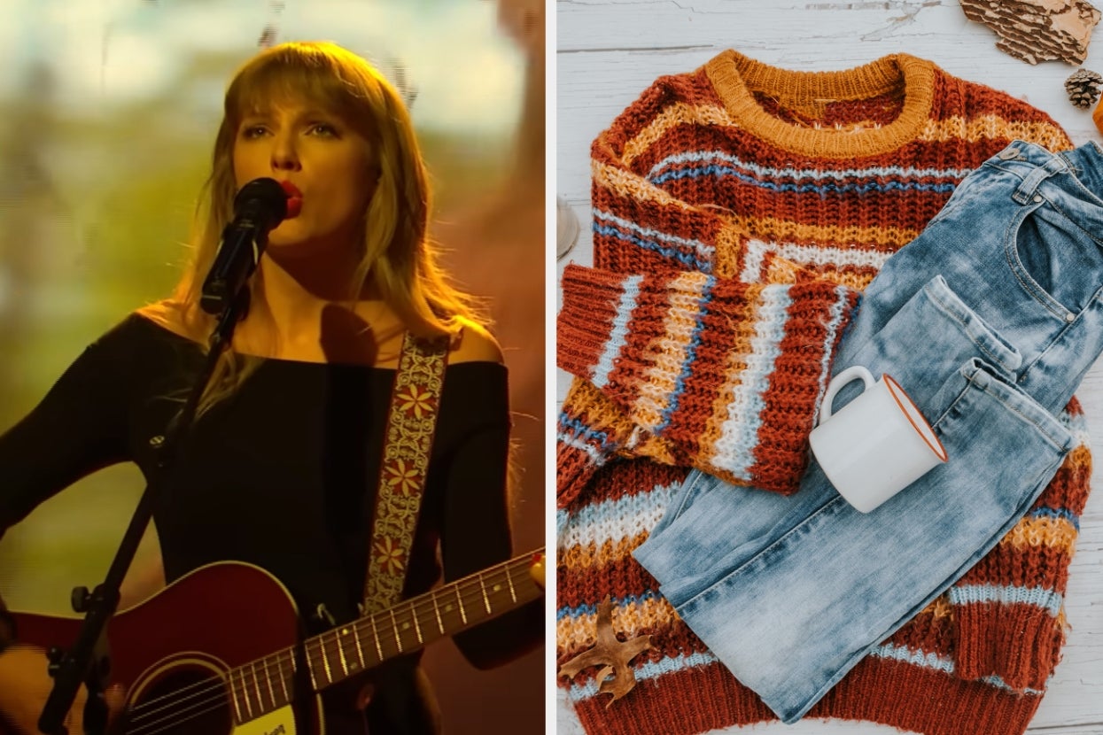 Taylor Swift singing with a guitar beside a cozy sweater, jeans, and mug on a wooden surface