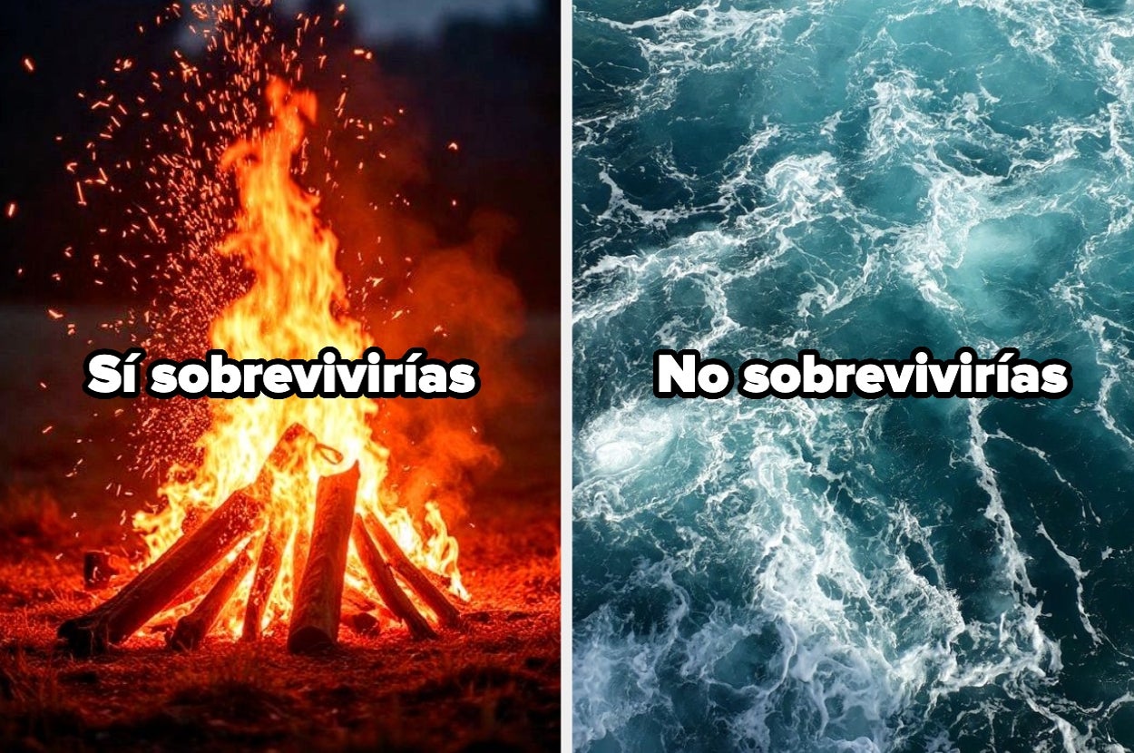 Imagen dividida: a la izquierda, fogata con texto "Sí sobrevivirías"; a la derecha, mar agitado con texto "No sobrevivirías"