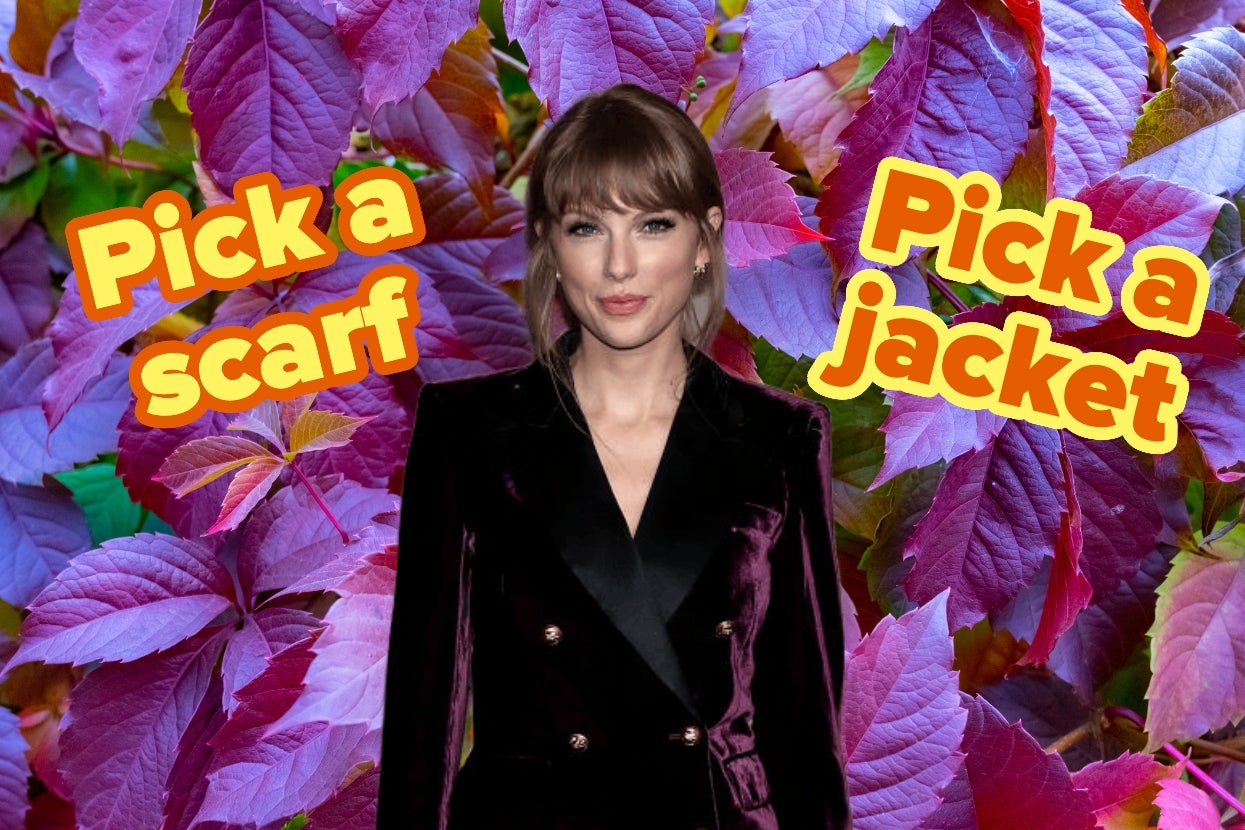 Taylor Swift in a velvet blazer amidst vibrant leaves; text reads "Pick a scarf" and "Pick a jacket."