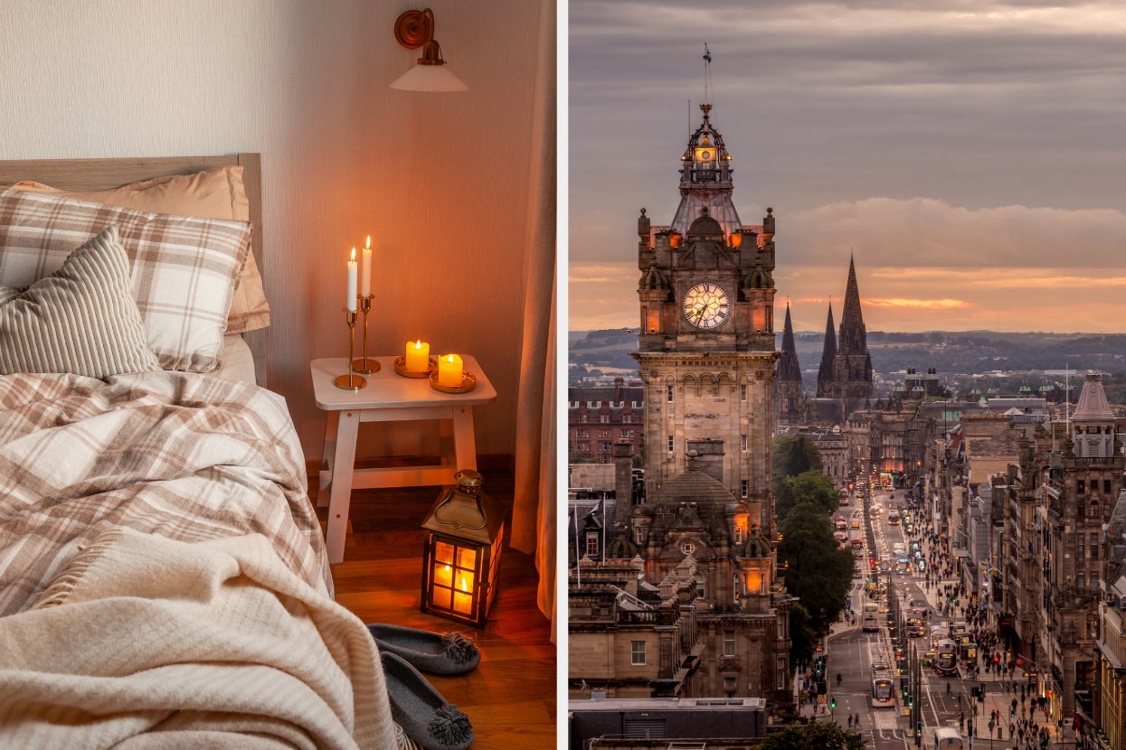 Left: Cozy bedroom with a bed, plaid sheets, and lit candles on a side table. Right: Scenic cityscape with historic clock tower at dusk