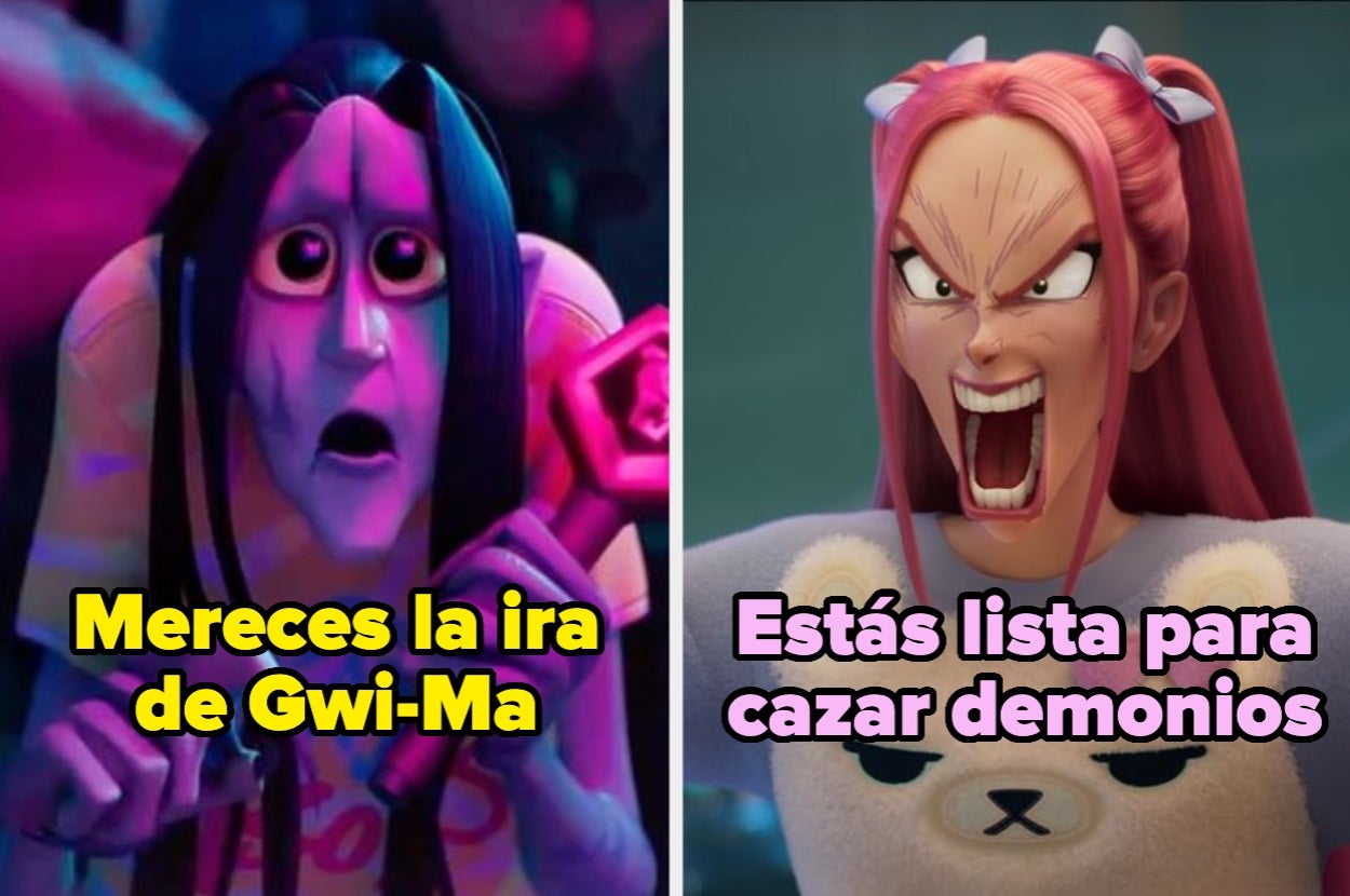 Dos personajes animados expresivos con textos: "Mereces la ira de Gwi-Ma" y "Estás lista para cazar demonios"