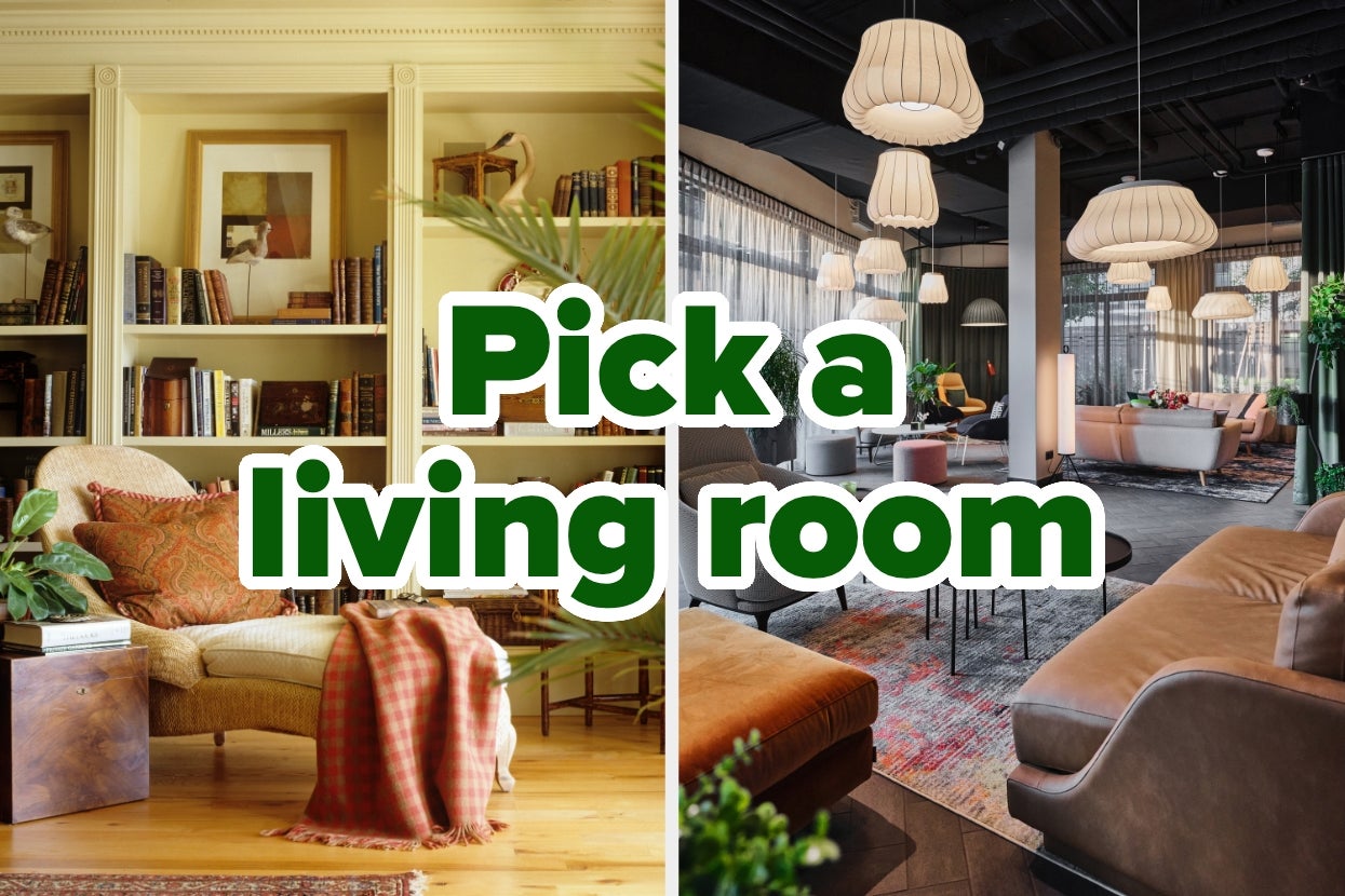 Two living rooms side by side: one cozy with bookshelves and plants, the other modern with pendant lights and sleek furniture. Text reads "Pick a living room."