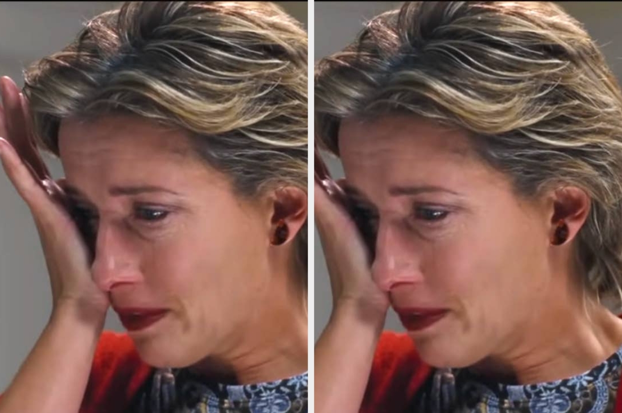 A woman, with short, wavy hair, appears emotional, shedding tears and covering part of her face with one hand in both side-by-side images