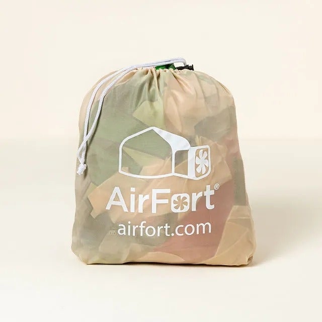 AirFort container  featuring camo design, with logo and website. Portable merchandise  perchance   related to inflatable forts