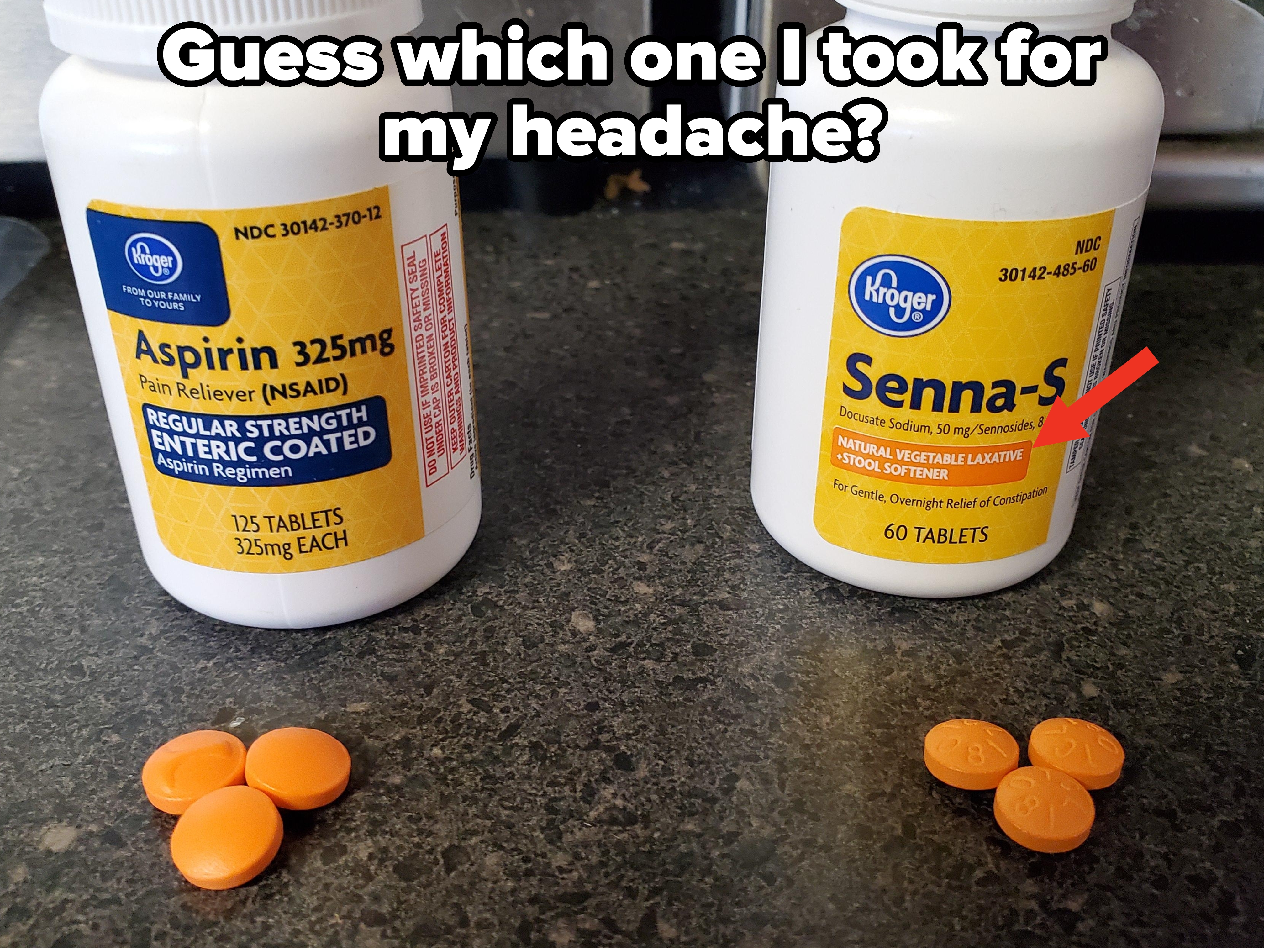 Two pill bottles: Aspirin 325mg, Senna-S, both with tablets beside them on a counter
